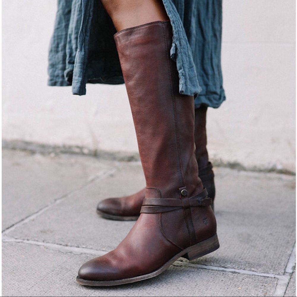 $398 Frye Melissa Belted Burgundy Brown Fall Knee High Tall Leather Riding Boots - Picture 1 of 16